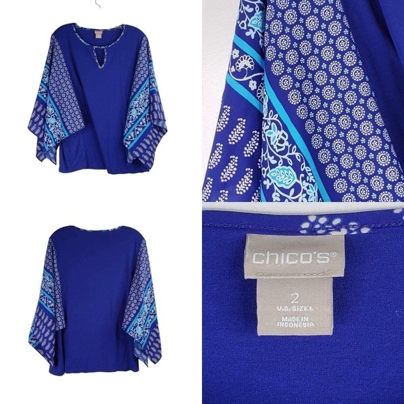 Chicos Tunic Women’s Blue White Top Size 2 Large US L Popover Resort Wear Boho - Picture 1 of 8
